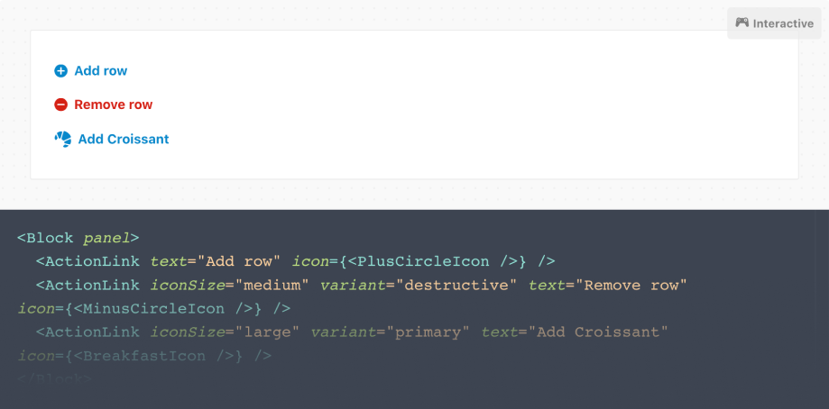 Block showing a few rows of ActionLink components with the corresponding code underneath