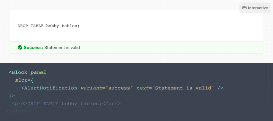 Block showing AlertNotification component with the corresponding code underneath
