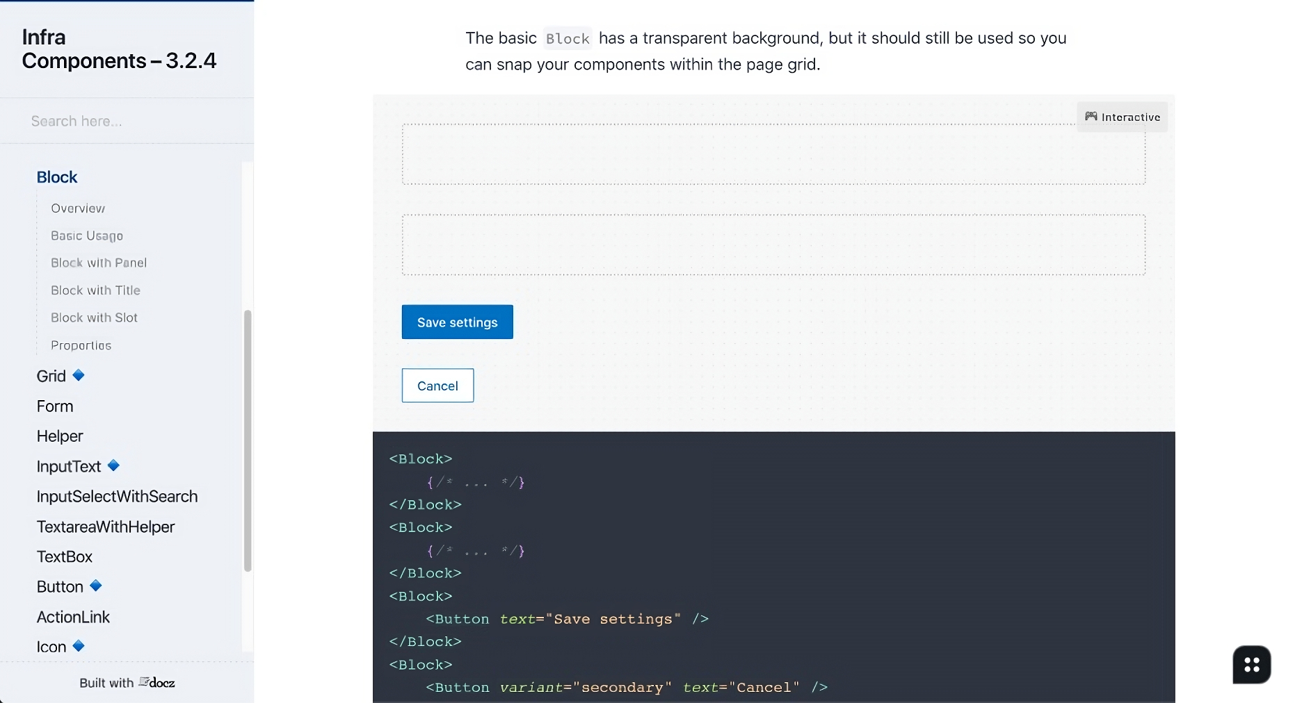 Example showing the documentation page for the Block component