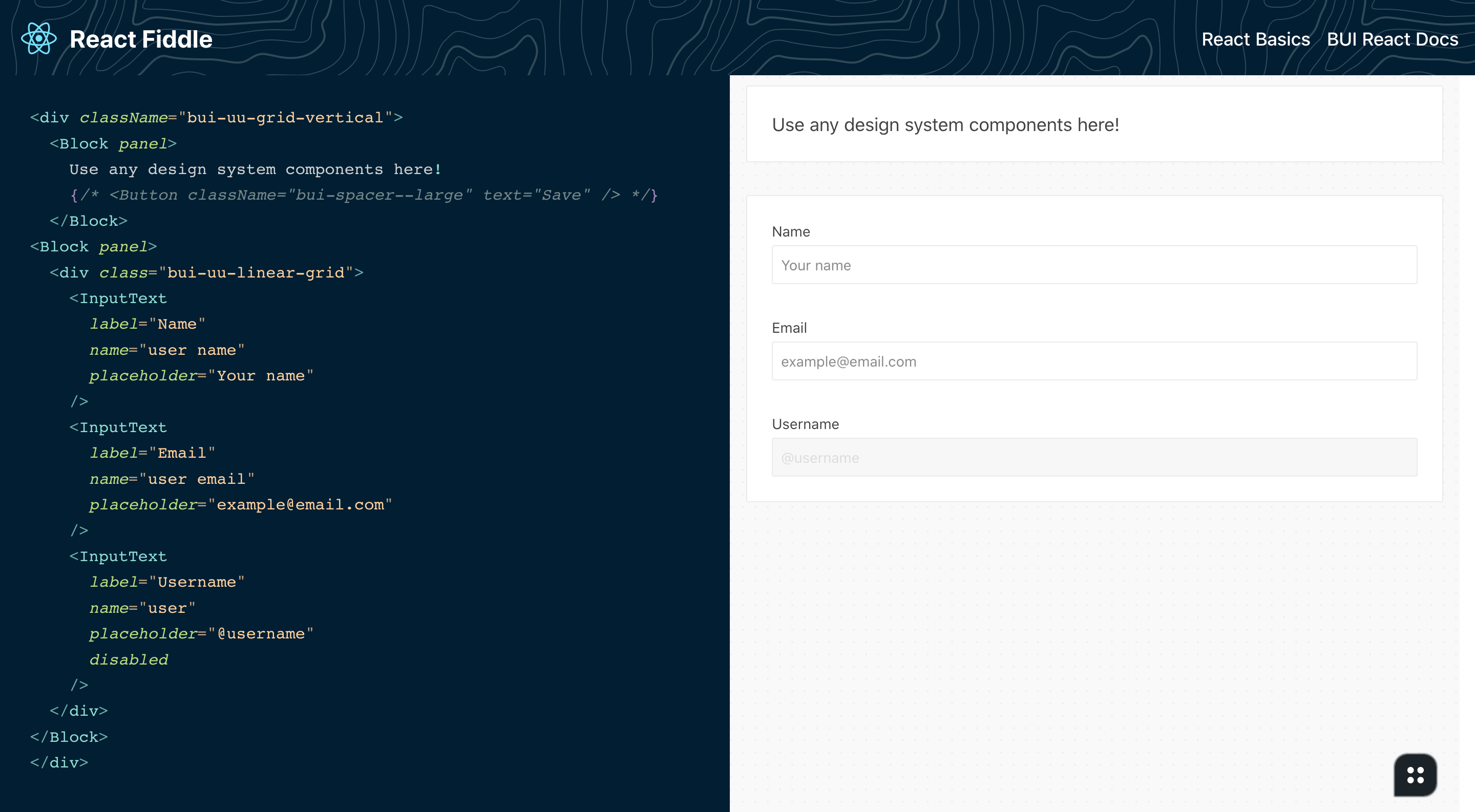 Code editor in the browser with React code on the left and components rendered on the right