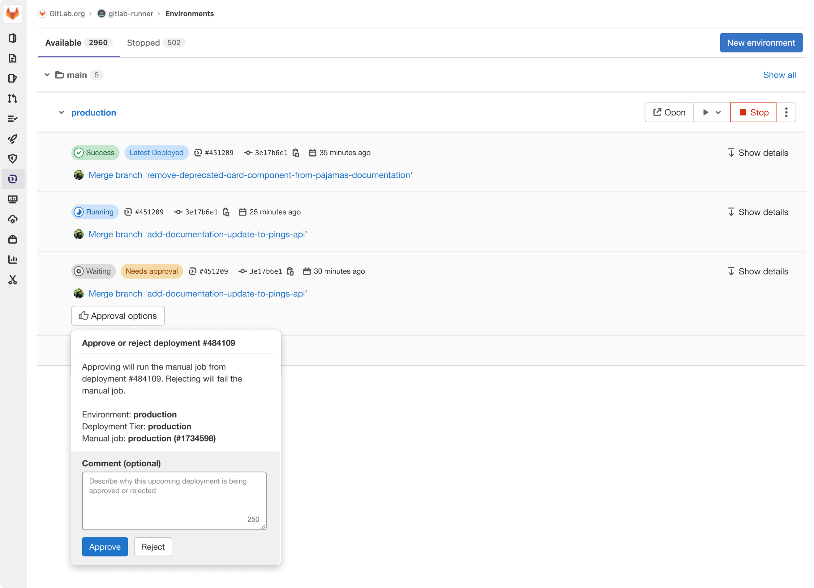 Deployment approval feature for protected environments